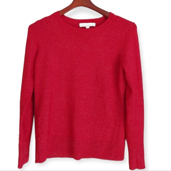 LOFT Crew HOLIDAY Pearl buttons accent neck pressimon Red speck specks sweater - Picture 1 of 5
